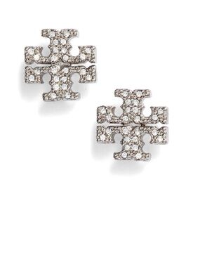 Tory Burch Silver Crystal Logo Stud Earrings